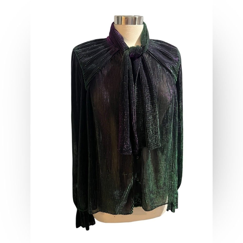 Marco De Vincenzo Metallic Tie-Neck Blouse 42 Button Up Ribbed Flowy Sheer Bow - Picture 2 of 7